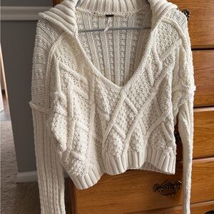 Free People Cream Cable V-Neck Knit Cropped Sweater